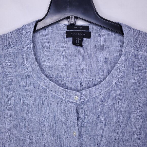 Tahari Linen Shirt Womens Medium Blue Button Down - Picture 2 of 9